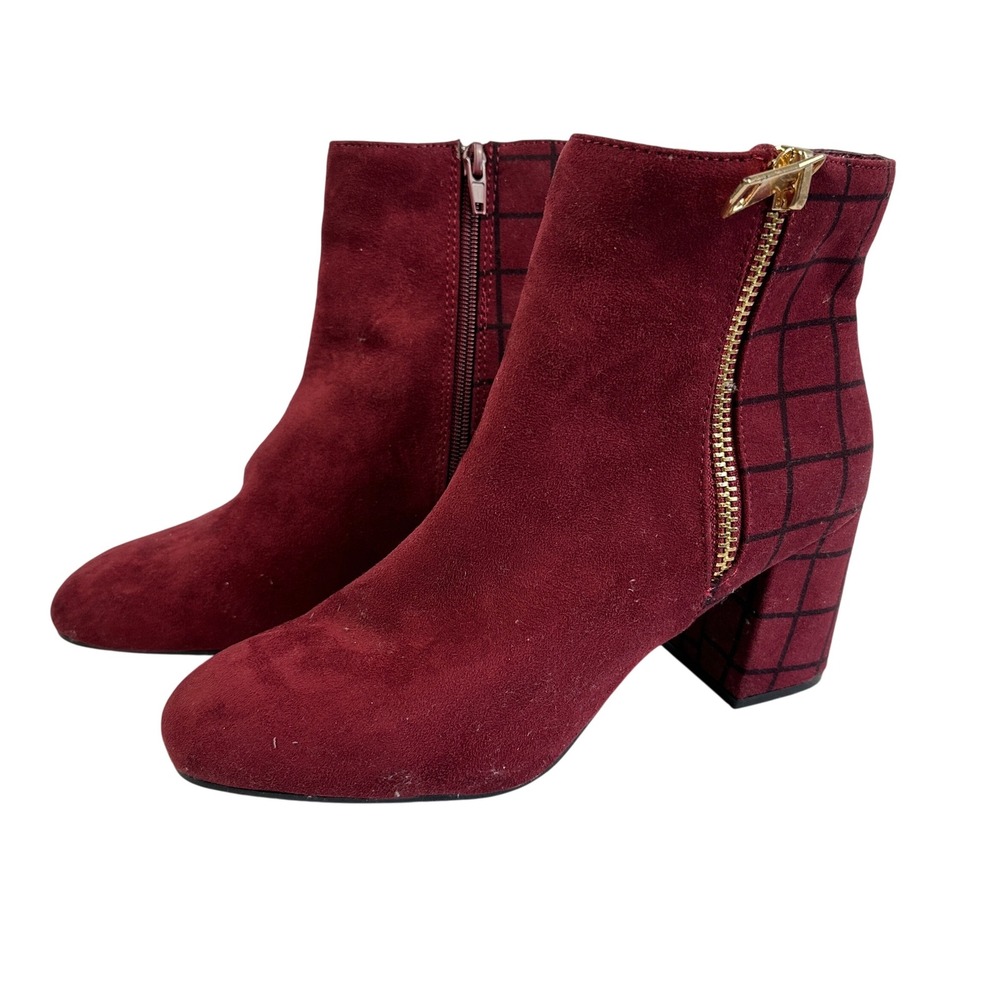 Burgundy Suede Block Heel Ankle Boots Square Toe Zipper Plaid Detail Women 7.5